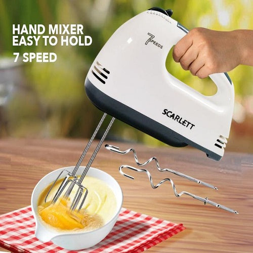 Scarlett 7-Speed Electric Hand Mixer with 4 Pieces Stainless Blender, Egg Cake/Cream Mix, Standard, White