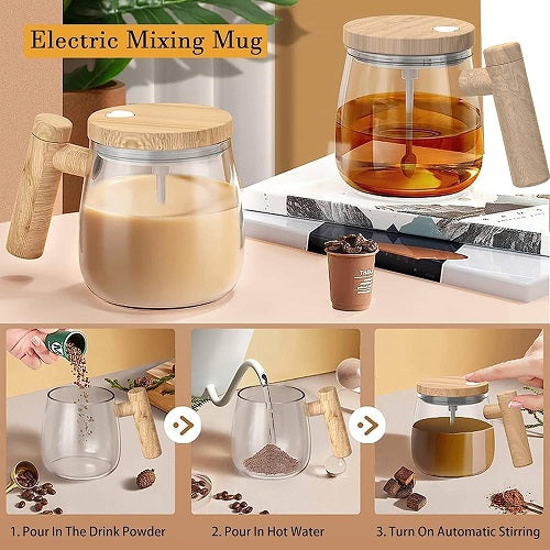 Self Stirring Coffee Cup With Wooden Handle 400ML Automatic