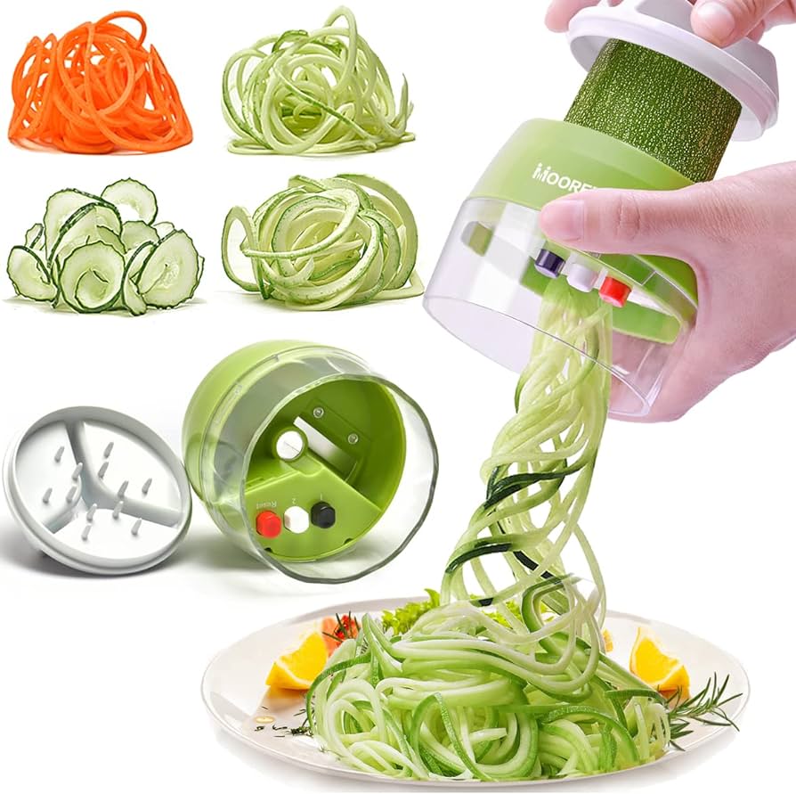 Handheld Spiralizer Vegetable Slicer, 4 in 1 Heavy Duty Veggie Spiral Cutter - Zoodle Pasta Spaghetti Maker