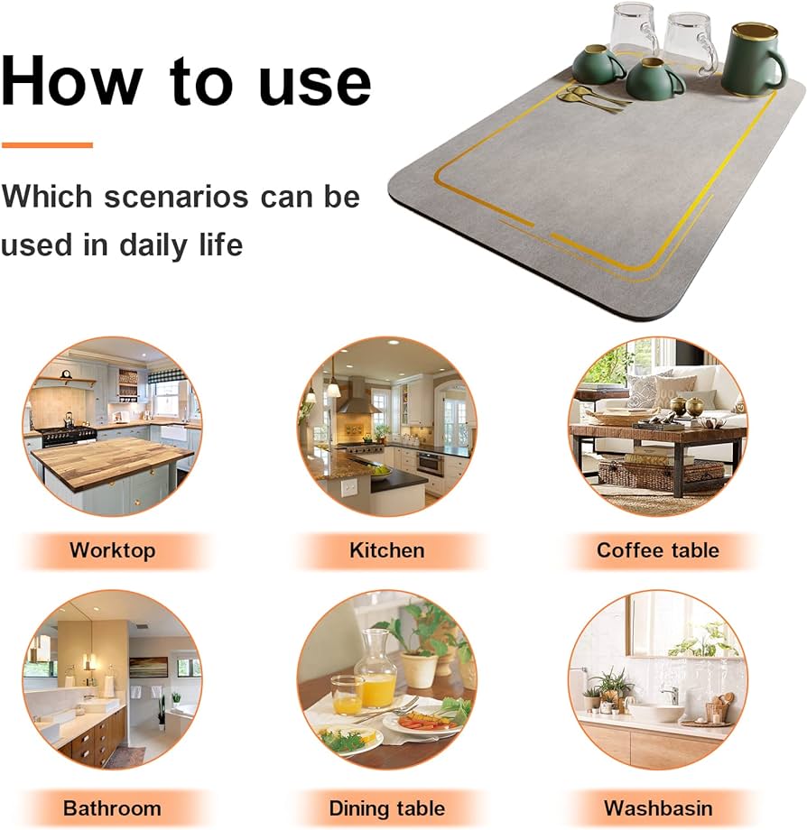 Antislip Dish Drying Matt for Kitchen Counter with Non-slip Rubber Backed