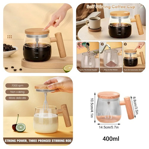 Self Stirring Coffee Cup With Wooden Handle 400ML Automatic