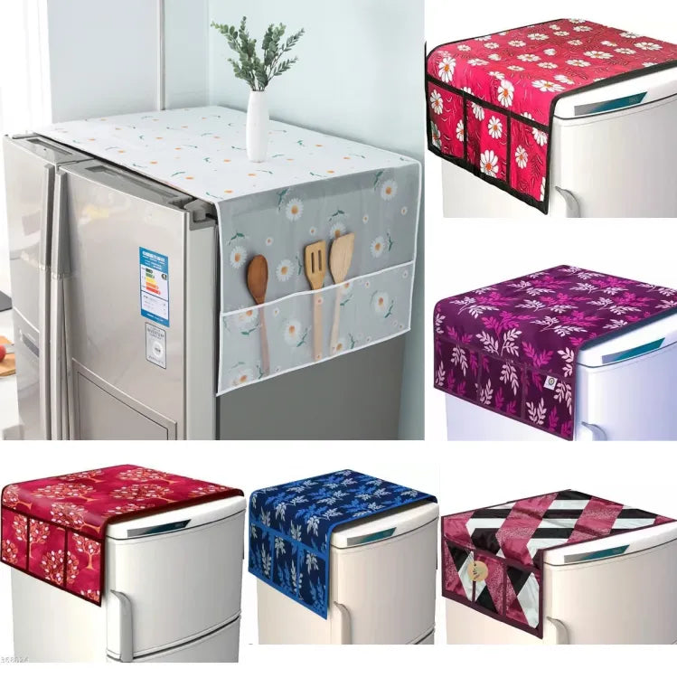 Printed Fridge Dust Cover Waterproof Refrigerator Dustproof Cover with 6 Pocket