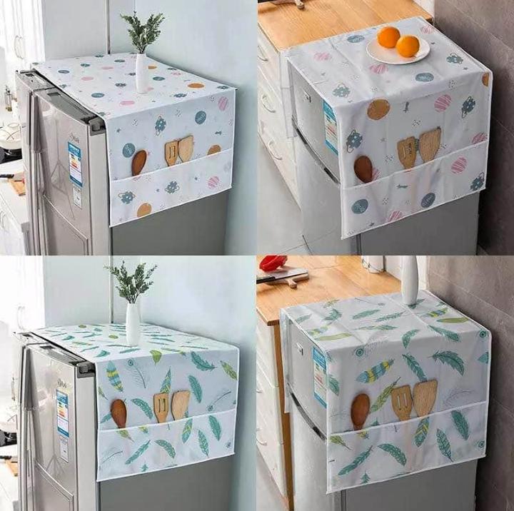 Printed Fridge Dust Cover Waterproof Refrigerator Dustproof Cover with 6 Pocket