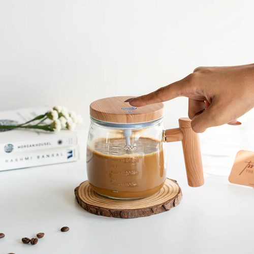 Self Stirring Coffee Cup With Wooden Handle 400ML Automatic