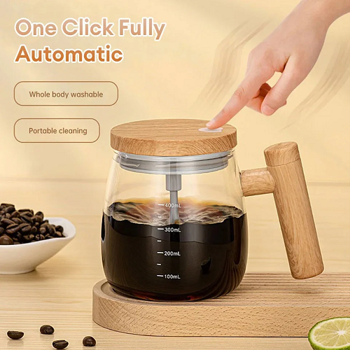 Self Stirring Coffee Cup With Wooden Handle 400ML Automatic