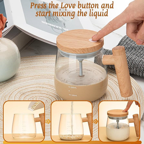 Self Stirring Coffee Cup With Wooden Handle 400ML Automatic