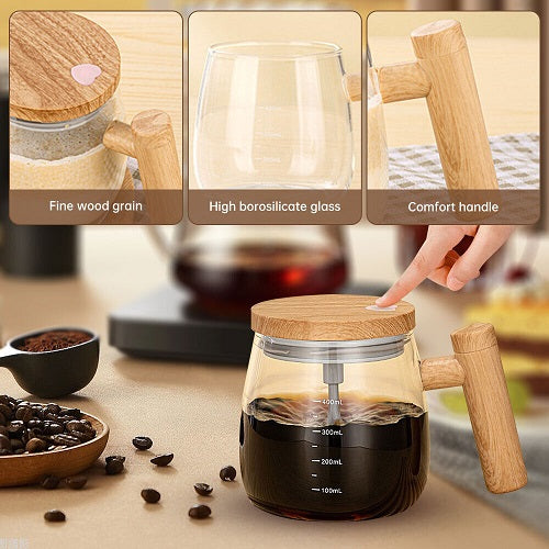 Self Stirring Coffee Cup With Wooden Handle 400ML Automatic
