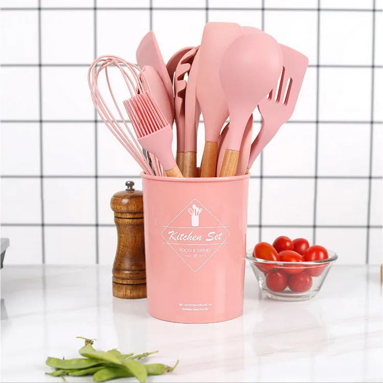 12pcs Silicone Utensil Set With Wooden Handle