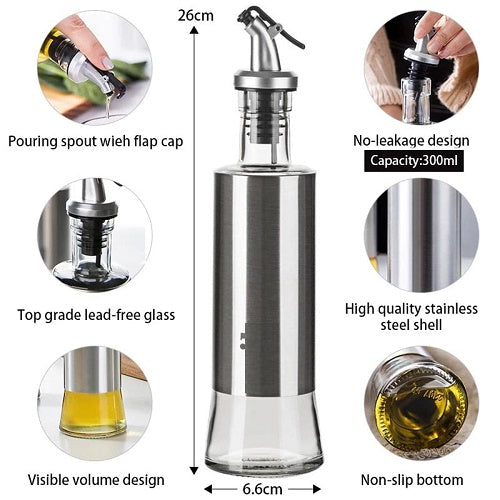 Glass Oil Bottle for Kitchen 300ml with Stainless Steel covered Body