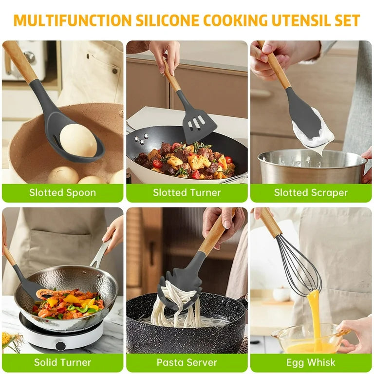 12pcs Silicone Utensil Set With Wooden Handle