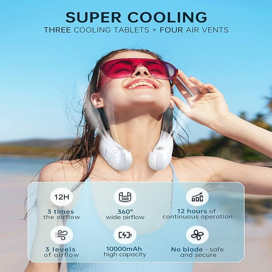 Portable 3-Speed Neck Fan, Hands-Free Wearable Design, Lightweight, Cordless and Rechargeable