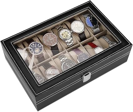 12 Slots PU Leather Watch Box Watch Storage Case Organizer (Black)