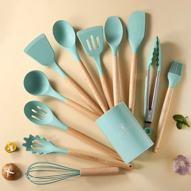 12pcs Silicone Utensil Set With Wooden Handle