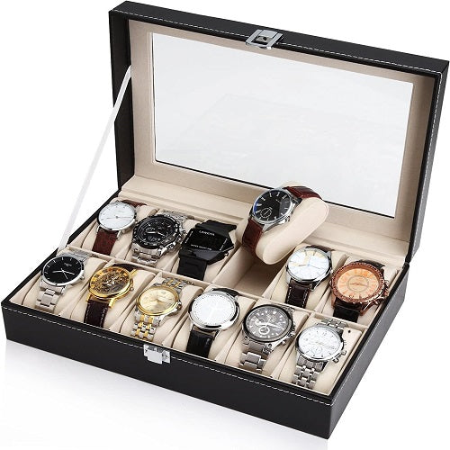 12 Slots PU Leather Watch Box Watch Storage Case Organizer (Black)