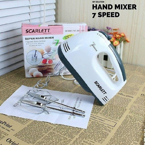Scarlett 7-Speed Electric Hand Mixer with 4 Pieces Stainless Blender, Egg Cake/Cream Mix, Standard, White