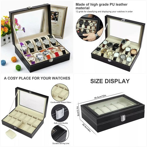 12 Slots PU Leather Watch Box Watch Storage Case Organizer (Black)