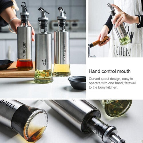 Glass Oil Bottle for Kitchen 300ml with Stainless Steel covered Body