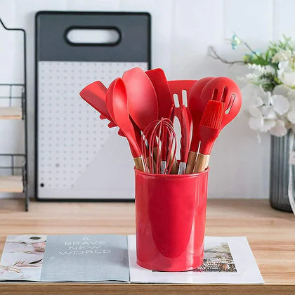 12pcs Silicone Utensil Set With Wooden Handle