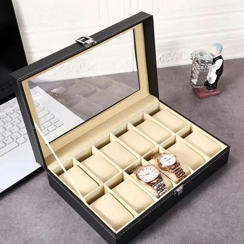 12 Slots PU Leather Watch Box Watch Storage Case Organizer (Black)